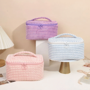 Wholesale Fleece Plaid Cute Flip Portable Storage Large Train Case, Portable Makeup Organizer