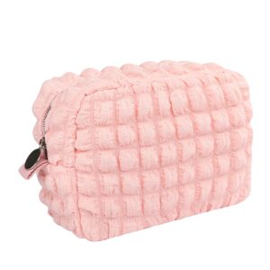 Pink Puffy Cosmetic Bag, Ruffled Quilted Toiletry Bag, Bubbles Grid Makeup Bag